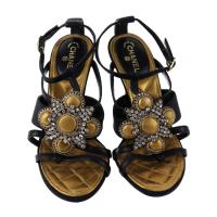 CHANEL シャネル サンダル レザー キャンバス ブラック ゴールド【本物保証】