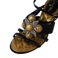 CHANEL シャネル サンダル レザー キャンバス ブラック ゴールド【本物保証】