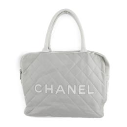 CHANEL シャネル ハンドバッグ キャンバス レザー グレー ホワイト【本物保証】